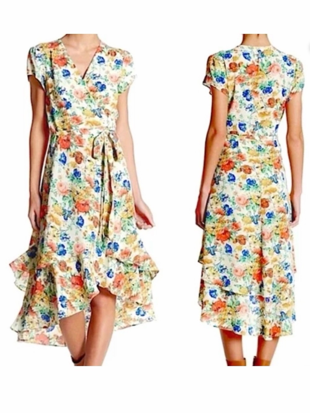 Wayf Floral Wrap High-Low Dress - Cream, Blue, Pink, Orange✨Medium